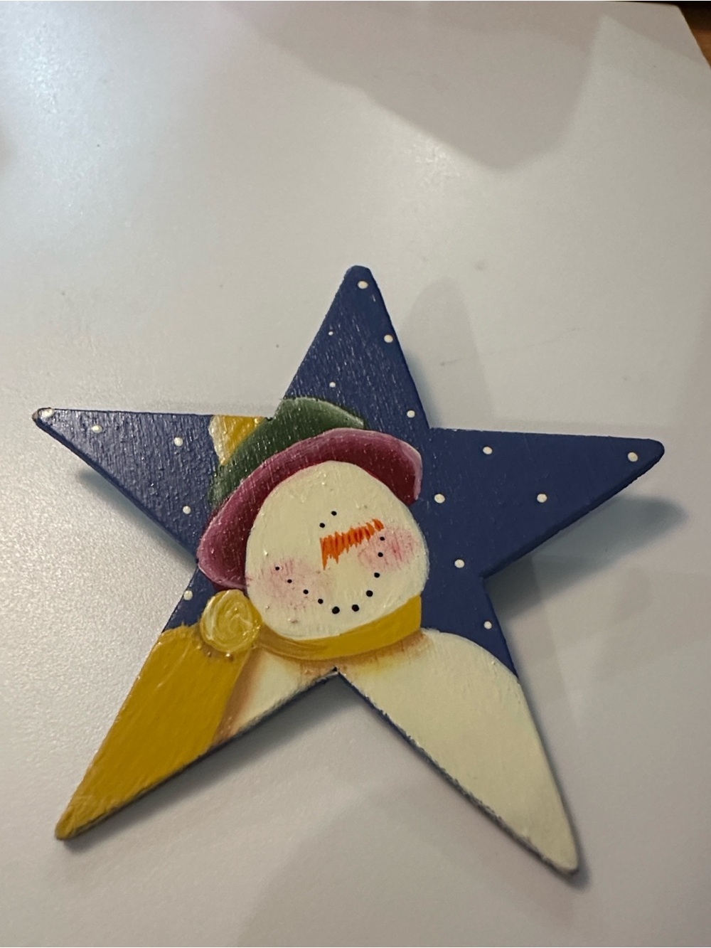 Hand Crafted Blue Star Snowman Brooch with Gold and Pink Accents - Picture 3 of 7